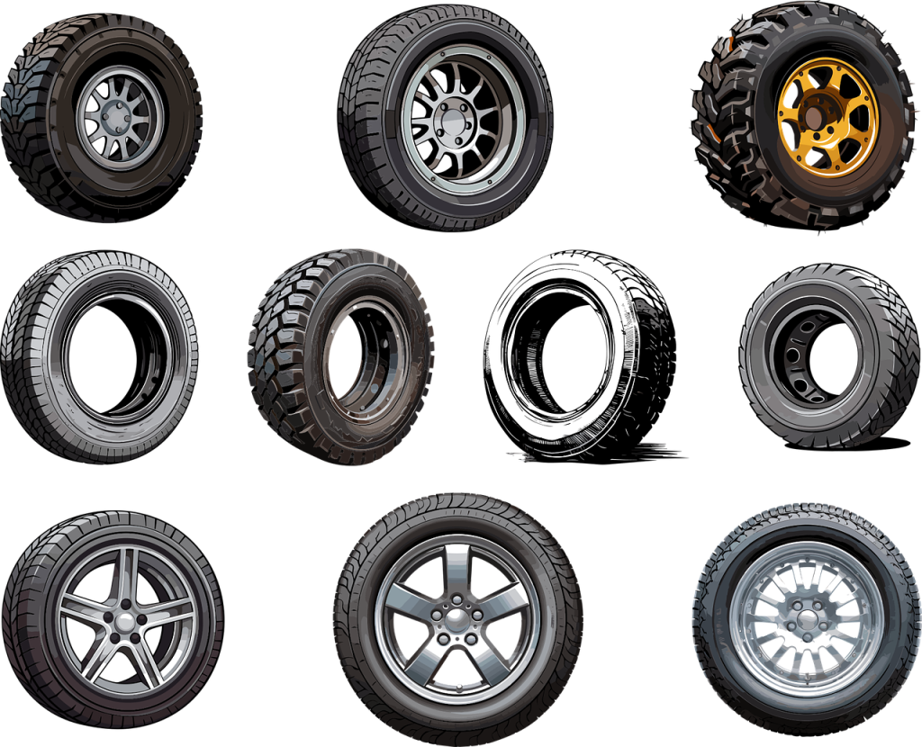 ai generated, wheels, tires, rubber tires, collection, vehicle parts, automotive, vehicle accessories, vehicle components